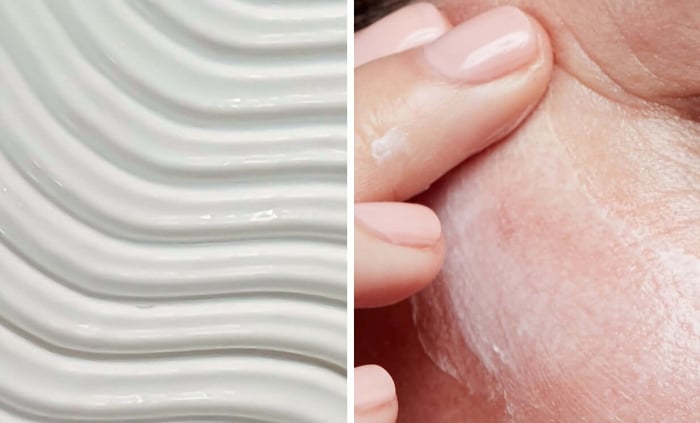 Split image showing white cream texture with ripples on left and hands applying Salvation Jane moisturiser to sensitive skin on right