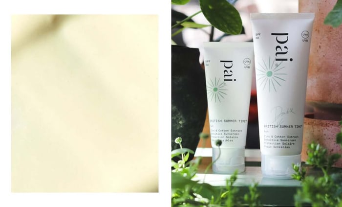Pai British Summertime SPF 30 sunscreen tubes surrounded by green plants on terracotta surface for sensitive teen skin