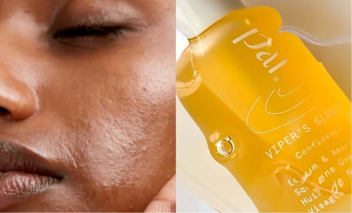 Split image showing glowing mature skin and golden Echium oil serum bottle with visible text highlighting skincare benefits