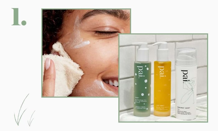 Woman double cleansing with foam cleanser alongside three Pai Skincare cleansers on white bathroom shelf
