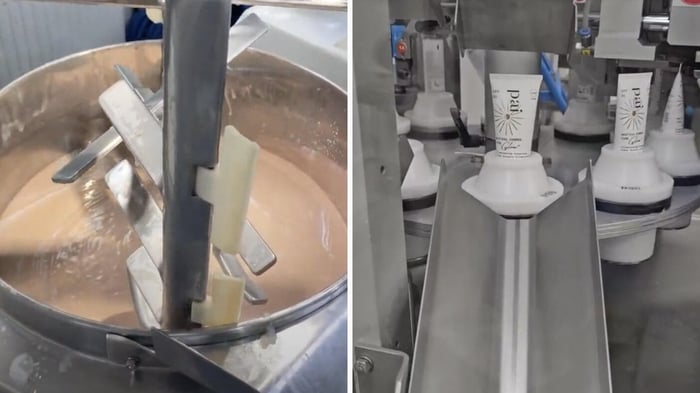 Industrial mixing equipment blending luminous sunscreen formula in laboratory with Pai products visible on production line