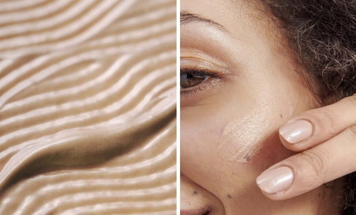 Close-up of model applying British Summer Time Glow SPF 30 to cheek, showing golden luminous texture on sensitive skin