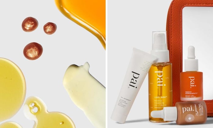 Pai Skincare discovery set featuring Light Work Cleansing Oil, Rosehip BioRegenerate Oil, and The Anthemis Soothing Moisturiser with natural skincare textures