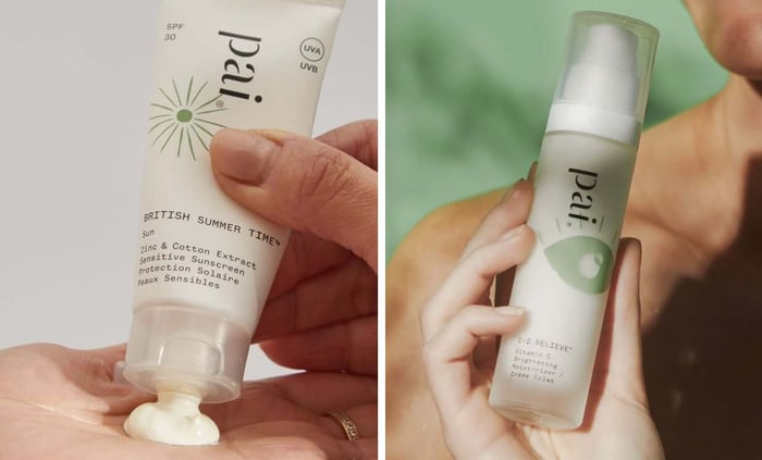 Hands dispensing Pai British Summer Time SPF30 sunscreen and C-2 Believe Vitamin C serum for hyperpigmentation protection