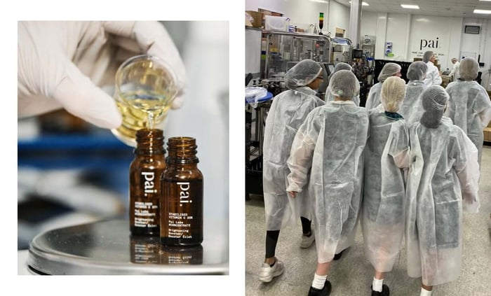Pai Skincare laboratory technicians in protective suits observing product formulation process alongside scientist measuring golden serum into amber bottles