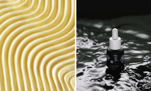 Split image showing golden honey-like texture and Carbon Star detoxifying face oil bottle with water ripples