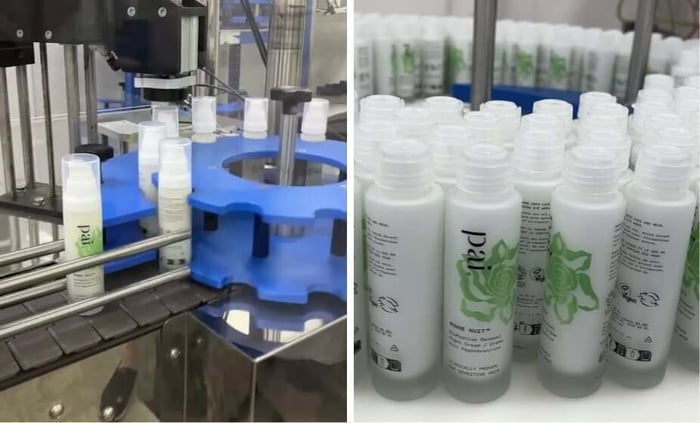 Pai Skincare Bonne Nuit bottles on production line with automated filling machinery