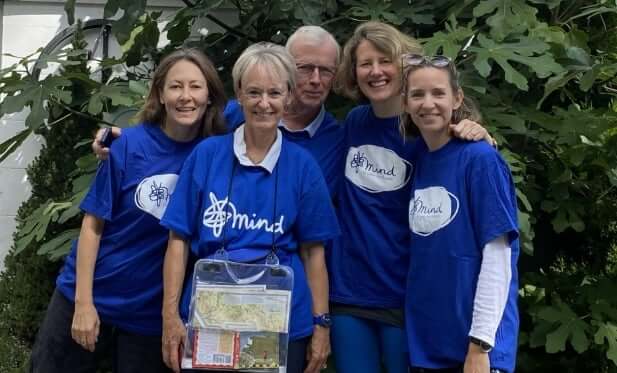 Pai Skincare founder Sarah Brown and team wearing blue Mind charity t-shirts during fundraising walk