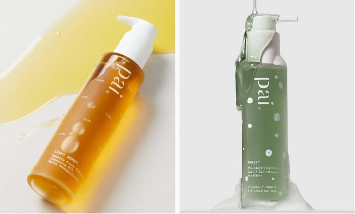 Pai Light Work Rosehip Cleansing Oil and Phaze clarifying face wash bottles on white and yellow background
