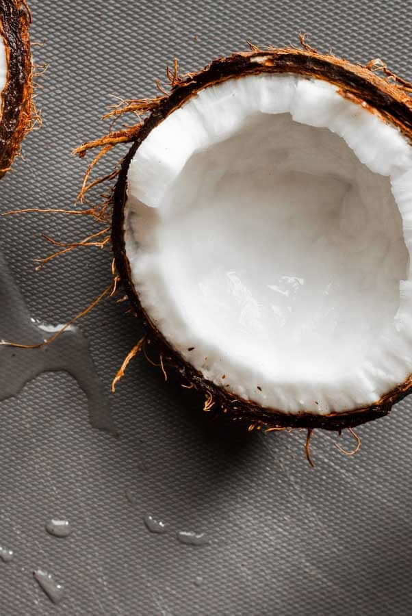 Fresh coconut half showing white flesh and natural coconut water, representing nourishing fatty alcohols in skincare