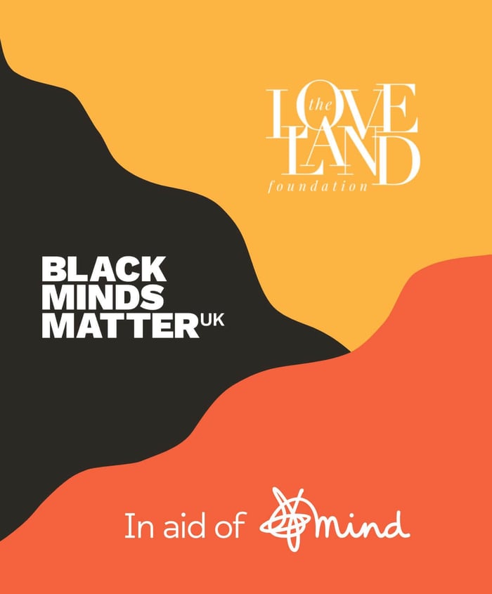 Partnership logos for Mind, Black Minds Matter UK, and Loveland Foundation mental health charities on colorful geometric background