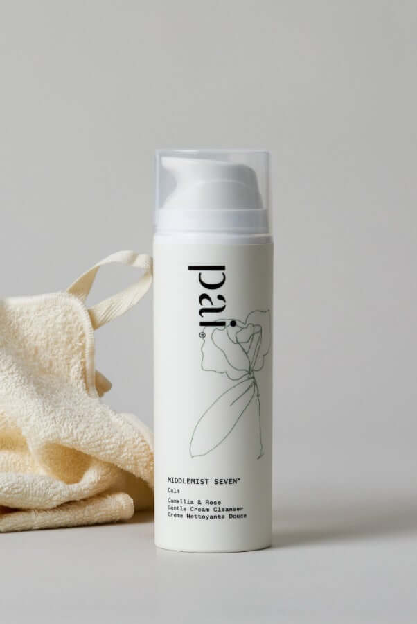 Middlemist Seven Camellia & Rose Gentle Cream Cleanser with pump dispenser beside cream muslin cloth