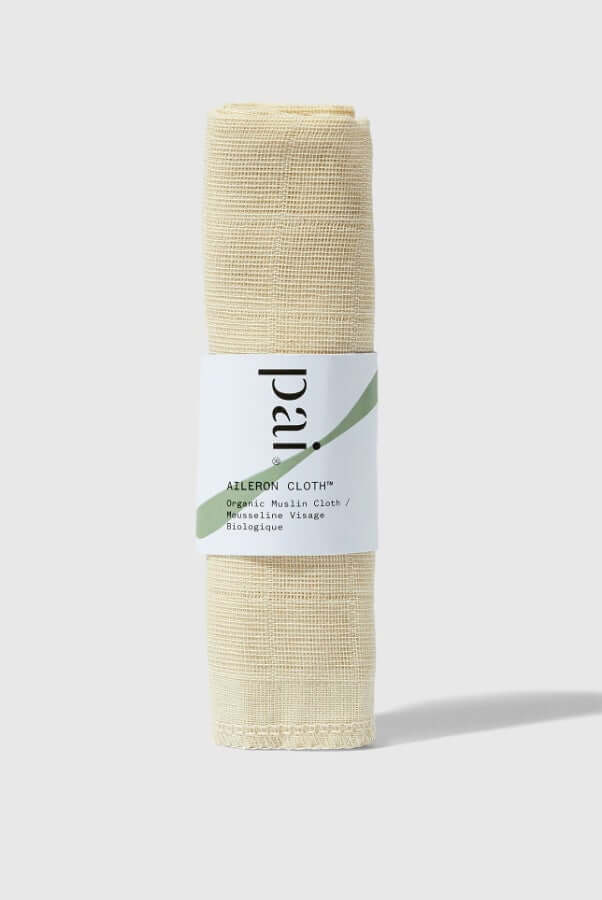 Pai Aileron organic muslin face cloth in natural beige cotton with white product label