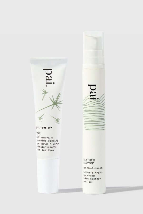 Pai Skincare Instant Calm eye serum with chamomile botanical design and Heather Canyon eye cream with minimalist green waves packaging