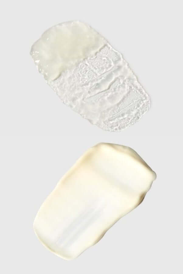 Two skincare product textures showing clear gel and creamy white formula swatches