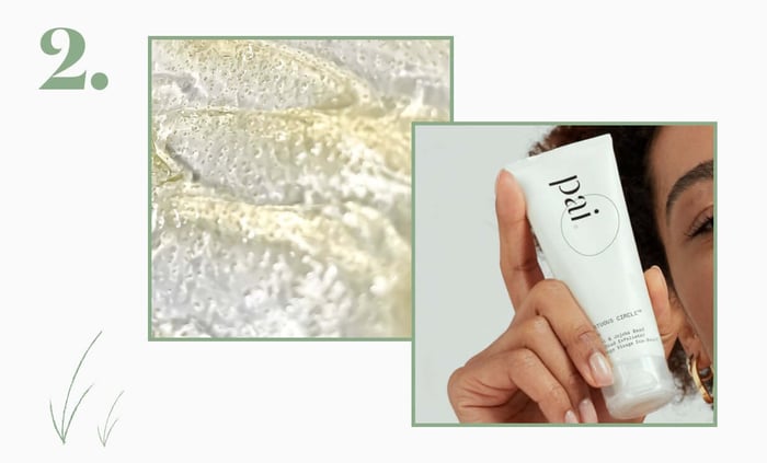 Model holding Virtuous Circle Exfoliating Lactic Acid Cleanser for gentle sensitive skin exfoliation
