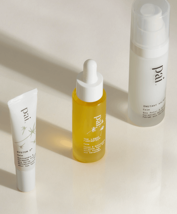 Light Work ceramide serum, Instant Calm face mist and Water of Life eye cream arranged on neutral background for mature skin care
