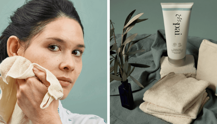 Model gently exfoliating face with Pai muslin cloth alongside cream cleanser tube and folded cloths