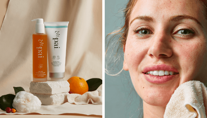 Split image: Pai skincare products with orange bottle and white tube next to orange and flowers on left, woman with freckled skin holding muslin cloth on right