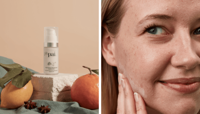 Pai skincare product with fresh oranges and natural styling alongside woman applying zinc-based cream to face