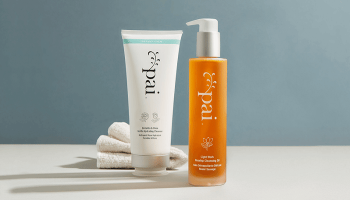 Pai Skincare gentle cleansing duo featuring Light Work Rosehip Cleansing Oil and Camellia & Rose cleanser displayed with white towels