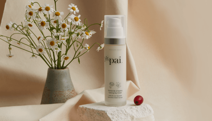 Pai Chamomile & Rosehip Calming Day Cream displayed on natural stone with fresh chamomile flowers in ceramic vase