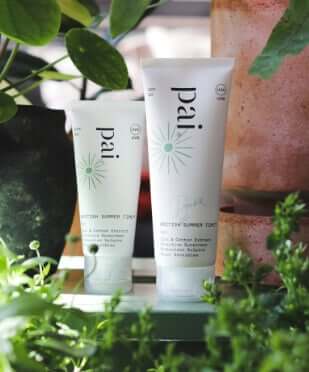 Two Pai Skincare Light Work Rosehip Cleansing Oil tubes displayed among green plants on terracotta surface