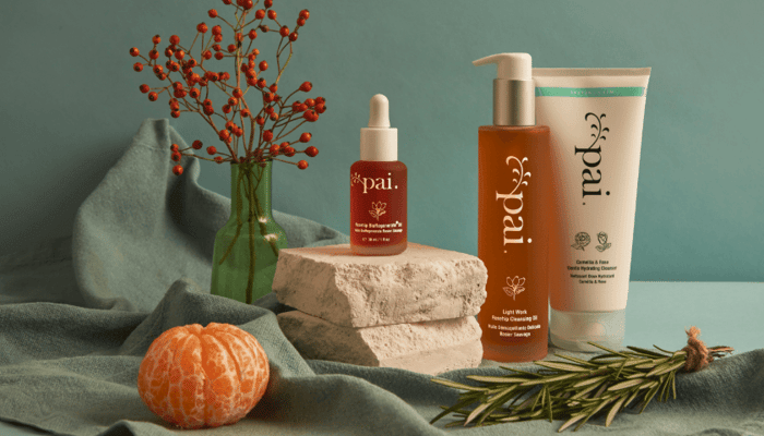 Pai Skincare Rosehip BioRegenerate Oil with Camellia & Rose Gentle Hydrating Cleanser arranged with natural elements including rosemary and winter berries