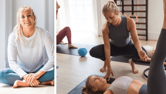 Personal trainer Katie Gray demonstrating wellness routine in bright studio - sitting cross-legged in white top and teaching client stretching techniques