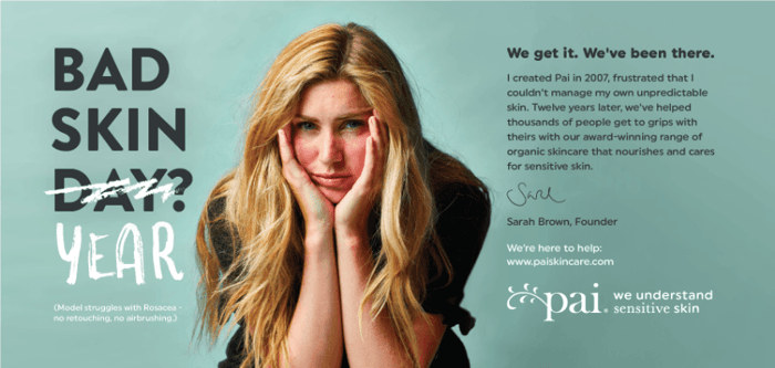 Pai Skincare campaign featuring model with rosacea looking distressed with hands on face, text reads 'Bad Skin Day? Year?' against mint green background