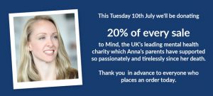 Young woman with blonde hair smiling warmly against blue background with text announcing Mind charity donation