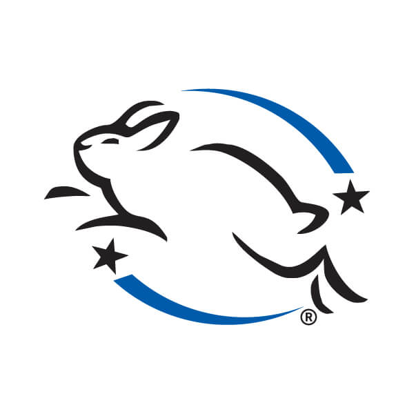 Leaping Bunny cruelty-free certification logo with white rabbit silhouette and blue circular design