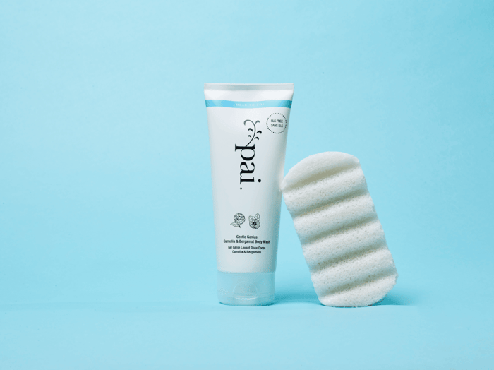 Gentle Genius Camellia & Bergamot Body Wash tube standing beside white konjac sponge on light blue background