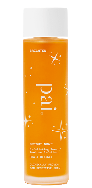 Pai Bright Now PHA exfoliating toner bottle with white cap and orange formula, labeled as gentle for sensitive skin