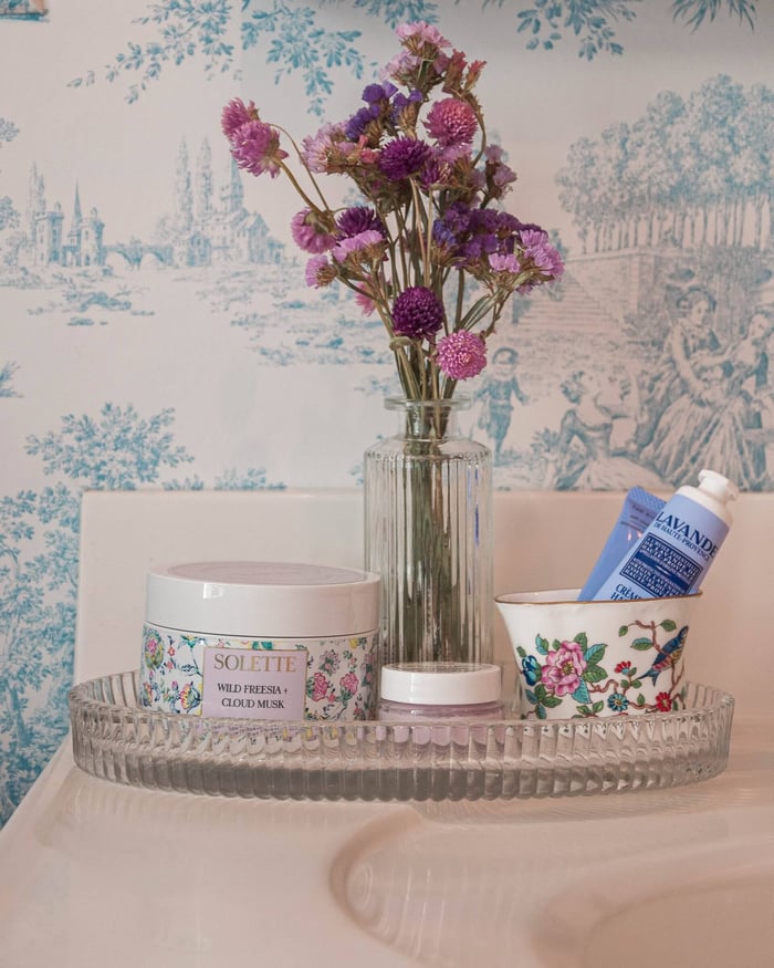 purple themed bathroom tray