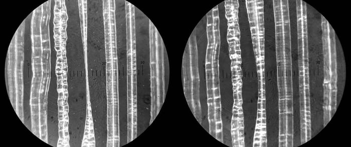 LEFT: Groove with severe out-of-phase information (less than 1 mil), versus RIGHT: the same groove with LFX
