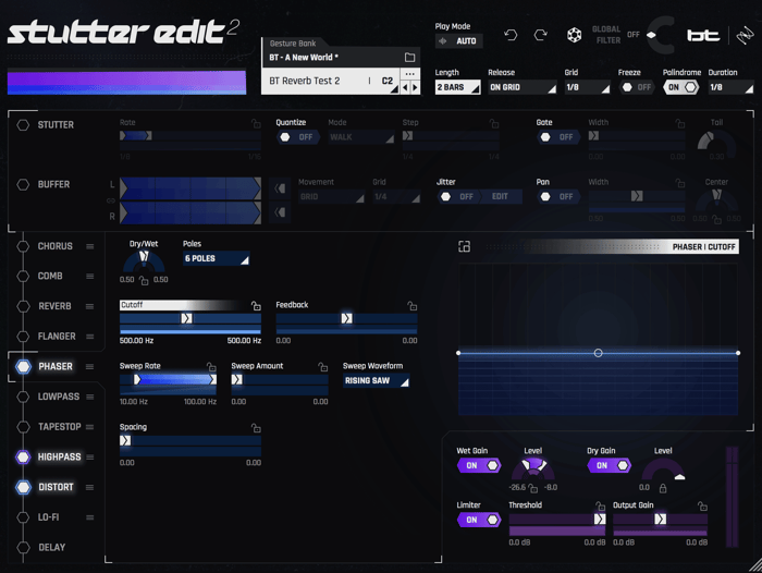Phaser, High-Pass, and Distort modules in series on a bass
