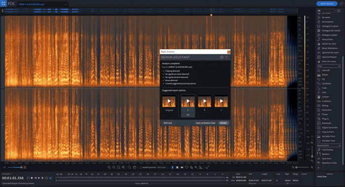Using RX 7’s Repair Assistant to analyze the noise on the audio clip
