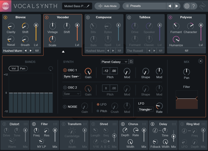 The Biovox module activated, along with distortion, filter, and chorus