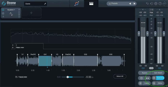 Reference panel where Ozone provides a variety of ways to effectively use track referencing with your EQ