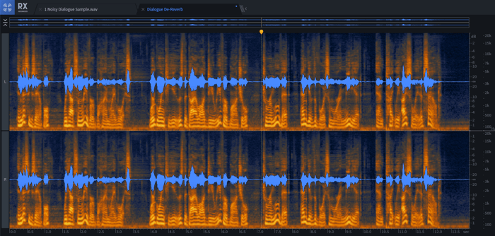 Reverb is seen as ‘tails’ after words; they’re smaller and shorter after the playback marker, where Dialogue De-reverb has done its job.
