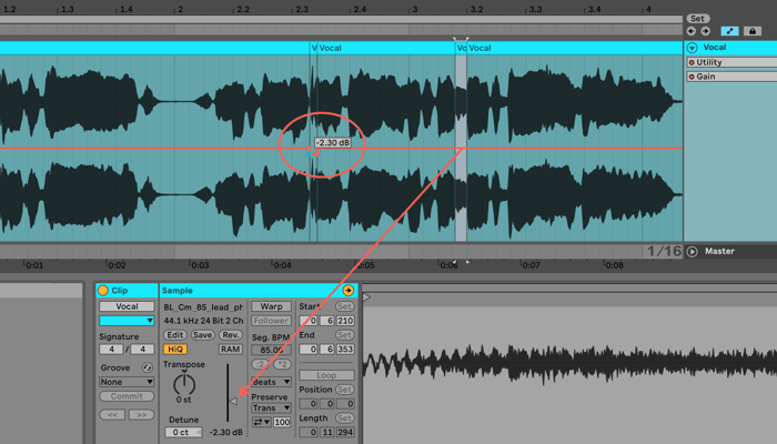 Manually de-essing sibilant sounds with gain automation and clip gain