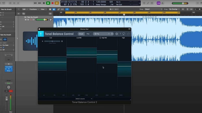 “Take My Breath” chorus being measured against the pop target in Tonal Balance Control