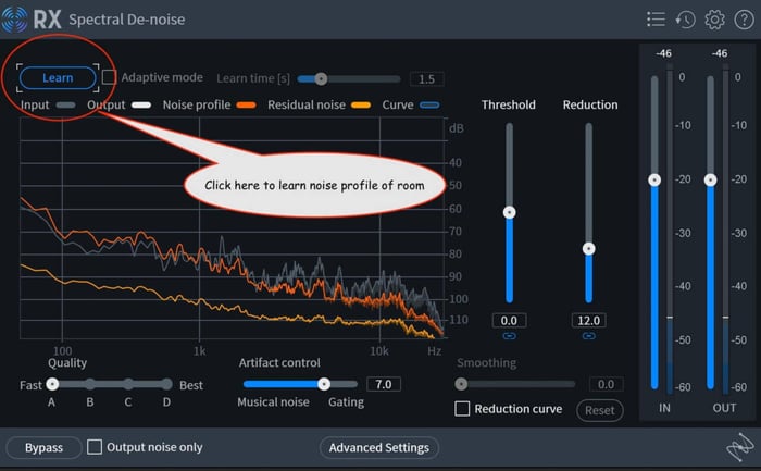 Selecting "Learn" in RX Spectral De-noise plug-in will learn the noise profile of the room
