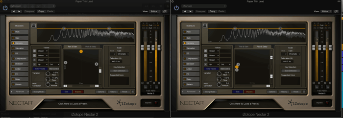 Pictured left, Pan and Gain Window; Pictured Right, Pitch and Delay Window.png
