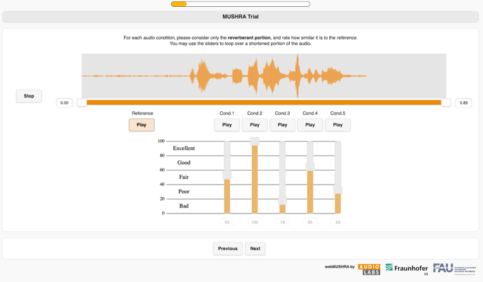 Dialogue Match experiment conducted using webMUSHRA by AudioLabs Schoeffler, M. et al., (2018). webMUSHRA — A Comprehensive Framework for Web-based Listening Tests. Journal of Open Research Software. 6(1), p.8.