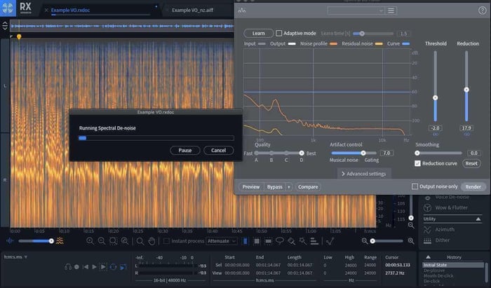 Reducing noise in the voiceover based on the noise profile analyzed using Spectral De-noise