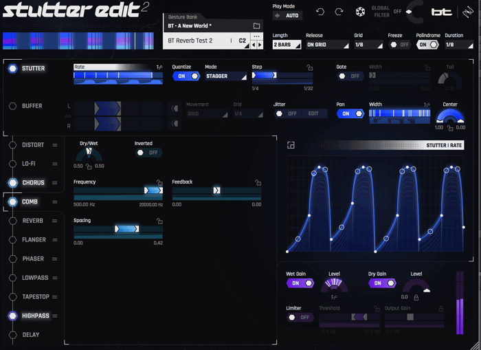 Modulating the guitar, here showing the curve controlling the Stutter module’s Rate