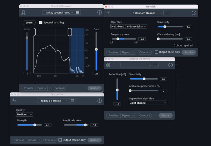 RX plug-ins like Dialogue De-reverb, De-click, De-crackle, and Spectral Recovery are great ways to clean up your podcast audio.