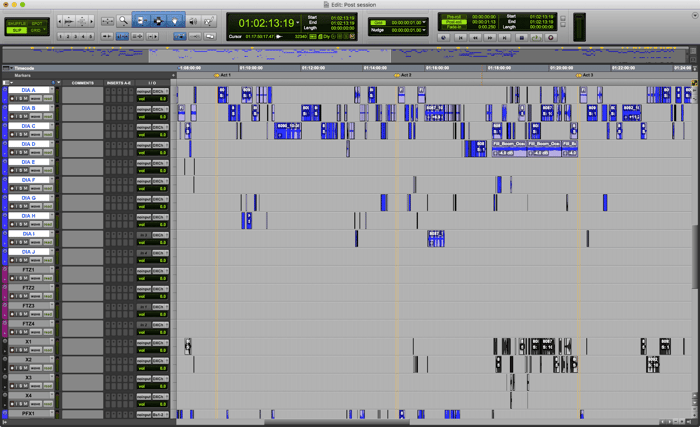 The typical dialogue editing workflow can contain hundreds of files recorded in different spaces.